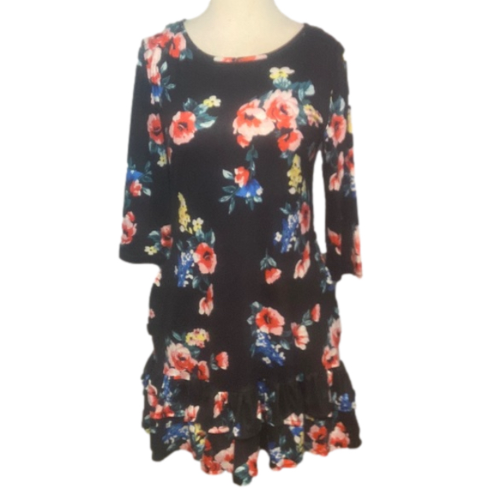 NWT AOOKSMERY 3/4 Sleeve Dress Pockets Black Floral Print S